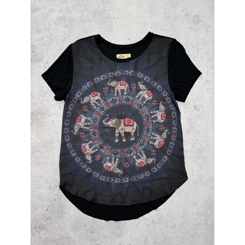 Hollister Graphic Tee Elephant Mandala Print Black S Mixed Media Boho
